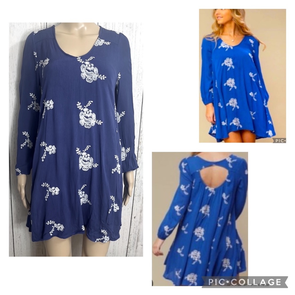 Altar’d State Cornflower Blue Hi Low Swing Dress Keyhole Cutout Long Sleeves